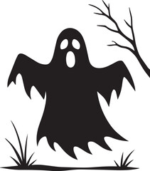 "Spooky Ghost Silhouette with Tattered Cloak and Haunted Tree – Halloween Horror Vector Illustration"