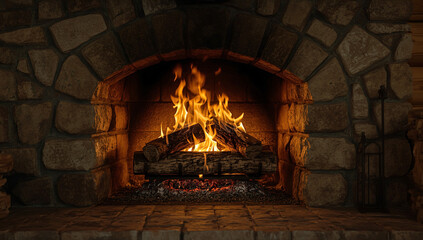 Fototapeta premium Cozy Rustic Stone Fireplace with Glowing Orange Flames in Wooden Cabin