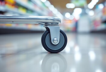 Close-up of Shopping Cart Wheel in Supermarket Aisle