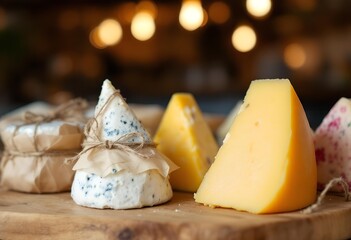 Assortment of Artisan Cheeses on Wooden Board