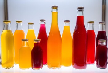 Vibrant Collection of Glass Bottles Filled with Colorful Liquids