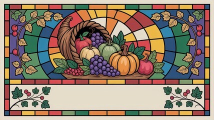 Vibrant stained glass cornucopia with fruits and vegetables on mosaic background
