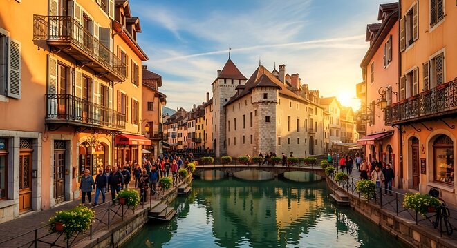 Charming Canal Scene in Annecy France at Golden Hour.