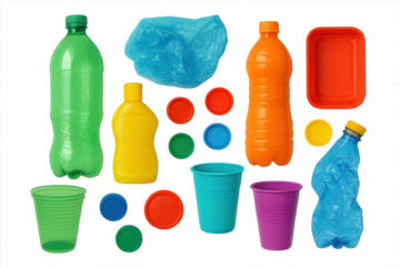 Plastic waste items spreading environmental contamination against clean backdrop