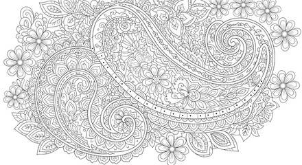 Paisley floral pattern with ornamental leaves and swirling motifs, black and white symmetrical vector design for coloring and decorative art