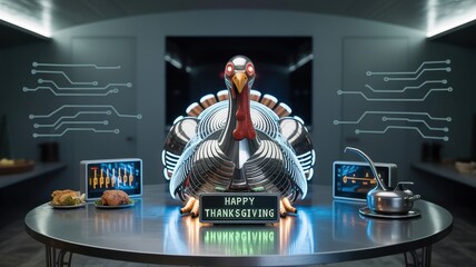 Futuristic robot turkey celebrating thanksgiving with digital displays