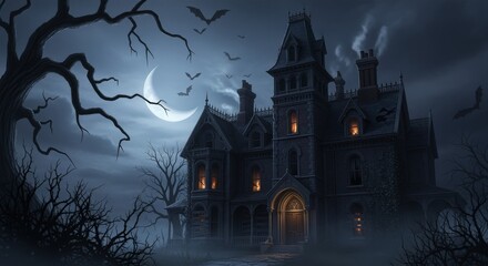 Fototapeta premium Under the Moon's Eerie Light: A Journey Through the Haunted Mansion Shrouded in Darkness, Fog, Bats, and Shadows of Spooky Trees