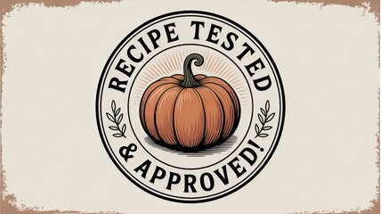 Vintage pumpkin emblem featuring "recipe tested & approved" design for culinary assurance