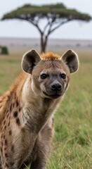 Obraz premium Close-up portrait of a hyena in the Serengeti, highlighting its fierce expression and unique features. A striking glimpse into the wild character of Africa’s scavenger and hunter.