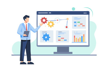 Man presenting business strategy and data analysis on a large computer screen with charts and gears