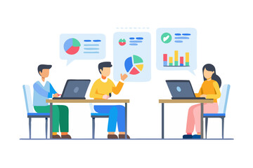 Obraz premium Team meeting discussing business analytics and data visualization with charts and graphs on laptops
