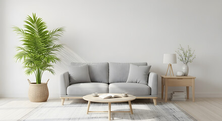 A minimalist living room with a gray sofa, a round coffee table, and a potted plant.