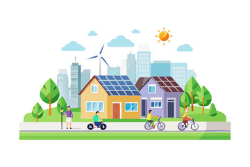 Fototapeta premium Ecofriendly neighborhood with solar panels on houses, wind turbine, and people cycling and riding scooters