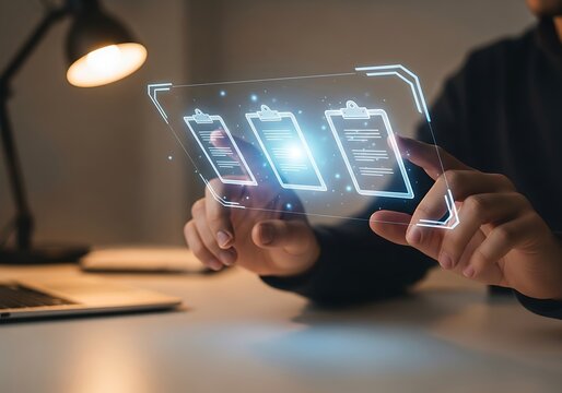 Person interacting with futuristic holographic battery charge display