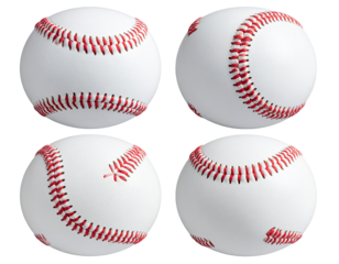 Four baseballs, each a different angle, showing the distinctive red stitching