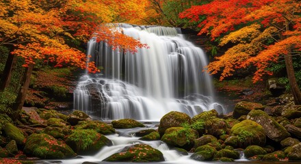 Tranquil Autumn Leaves: A Scenic Waterfall Landscape in the Forest with a Gentle Stream Flowing Over Smooth Rocks