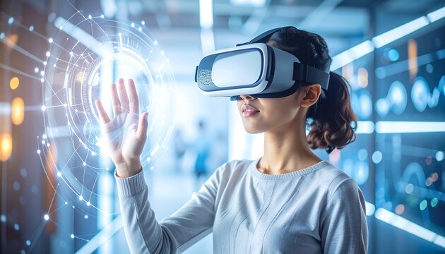 Woman wearing VR headset, interacting with holographic globe