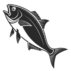 Monochrome illustration of a leaping fish with open mouth and fins.