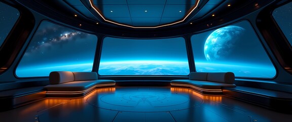 Luxury spaceship background 4k panoramic lounge interior with futuristic sofas and Earth view through observation windows