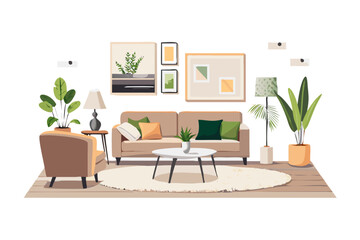 Fototapeta premium Cozy living room interior with modern furniture, plants, and artwork