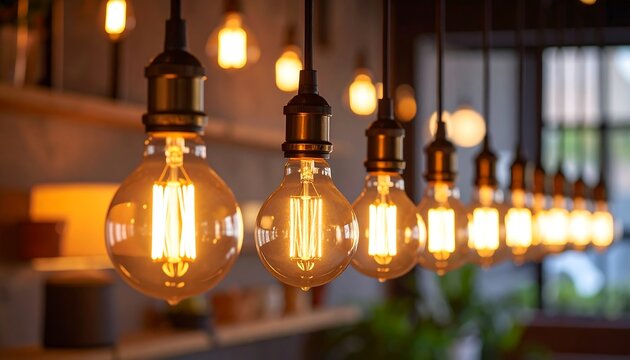 Warm, glowing Edison-style bulbs hang from the ceiling, casting a soft light in a dimly lit space, blurred background