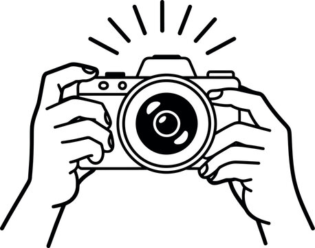 Capturing moments creative photography concept hands holding camera flashes photography art vector hand drawn