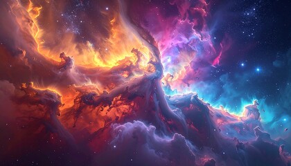 Vibrant Cosmic Nebula with Swirling Colors and Distant Stars.