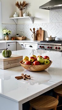 Modern Kitchen with White Countertops Featuring Wooden Bowl of Apples and Decorative Elements