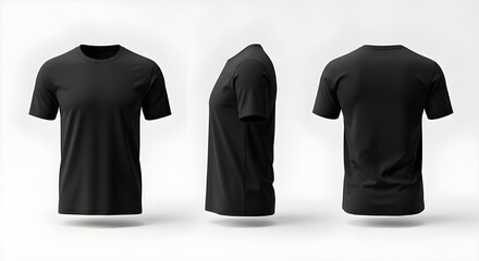 Three black tshirts isolated on white background, showcasing front, side, and back views, ideal for fashion design and apparel mockups