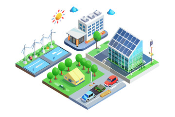 Isometric illustration of a smart city with renewable energy sources like solar panels and wind turbines