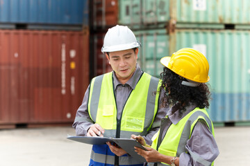 Container yard workers inspecting cargo containers together