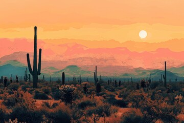 Serene desert landscape at sunset with towering cacti, distant mountains, and a warm sky