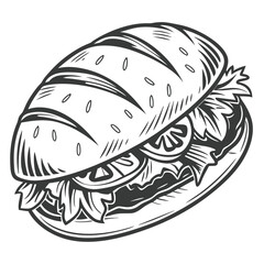 Hand drawn engraving style illustration of a delicious submarine sandwich.