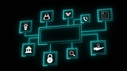 Digital network diagram with icons for artificial intelligence banking security and communication abstract