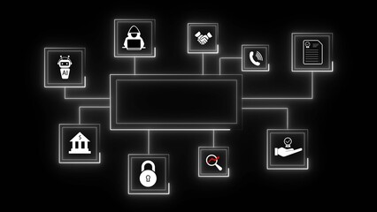 Digital network diagram with icons for artificial intelligence banking security and communication technology