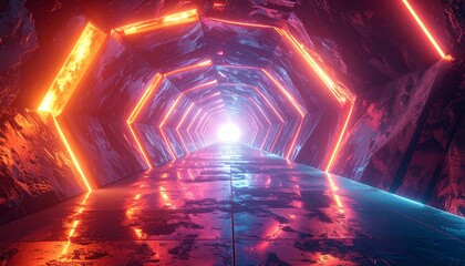 Abstract neon tunnel with glowing hexagonal walls and reflective floor.