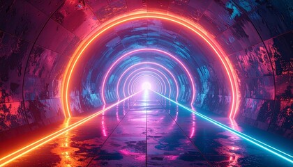 A futuristic, sci-fi tunnel with glowing orange and blue neon rings and light beams leading to a bright vanishing point.