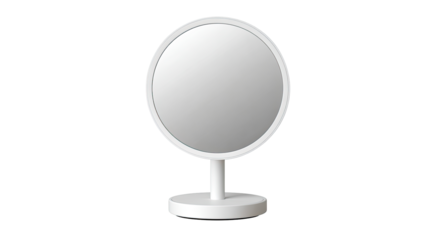 A white round tabletop mirror with a simple circular base