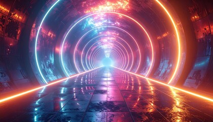 A futuristic sci-fi tunnel with glowing circular neon lights in vibrant blue, pink, and orange hues creating an infinite perspective.