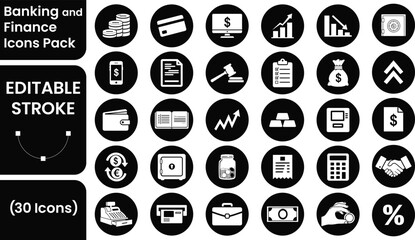 Banking and Finance Icons Set, Vector Pack of 30 Icons including Safe Deposit Box, Bank, ATM, Wallet, Coins, Credit Card, Dollar Bill, Mobile Banking, Modern, Scalable Icons for Web, Apps, and Design