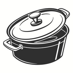 Detailed illustration of a black cooking pot with a lid and handles.