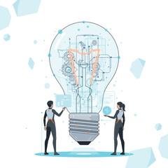 Illustration of a lightbulb with gears and people isolated on white background