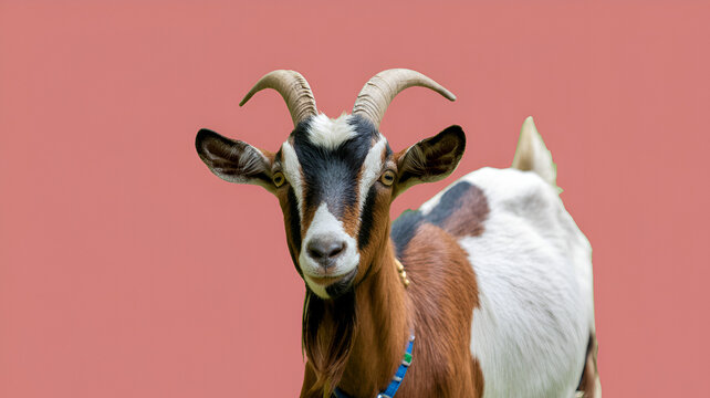 cute goat portrait on pink background, farm animal close up, domestic livestock photography with funny expression, natural horned mammal symbol of countryside life