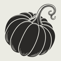 Stylized Black and White Pumpkin Illustration with Swirling Stem.