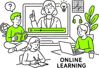 Flat design concept of online education, training and courses, learning, video tutorials. Vector illustration for website banner, marketing material, presentation template, online advertising.