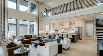 Spacious modern living room with a high ceiling, large windows, and an open-plan kitchen and dining area.