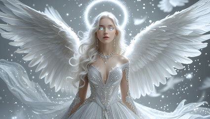 Exquisite high fashion photography capturing a serene angelic woman with feathered wings and a radiant halo symbolizing divine beauty and mystical aura