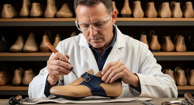 A skilled shoemaker meticulously crafts a handcrafted shoe, showcasing intricate detail and precision in a traditional workshop setting.