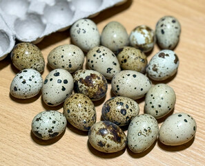 Fototapeta premium Fresh quail eggs in a tray top view on a wooden table ready for sale. Quail eggs arranged on the egg tray. Raw quail eggs on a culinary background. The concept of proper nutrition, healthy lifestyle. 