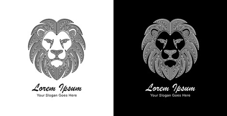 The logo design is in the form of a lion's head with a front view and is made using thick lines that form a layered pattern